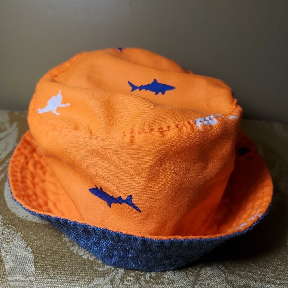 Unbranded Kids Bucket Hat Orange Blue Shark Print‎ Reversible Sun Hat with Strap